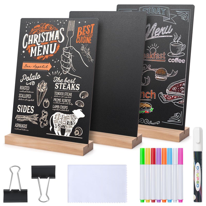ONUPGO 3 Pack Tabletop Chalkboard with Wood Holder, 8 x12 Inch Menu Chalk Board Sign Store Food Signs, Message Boards for Party, Wedding, Tables Decoration, Bar and Restaurant - Image 1